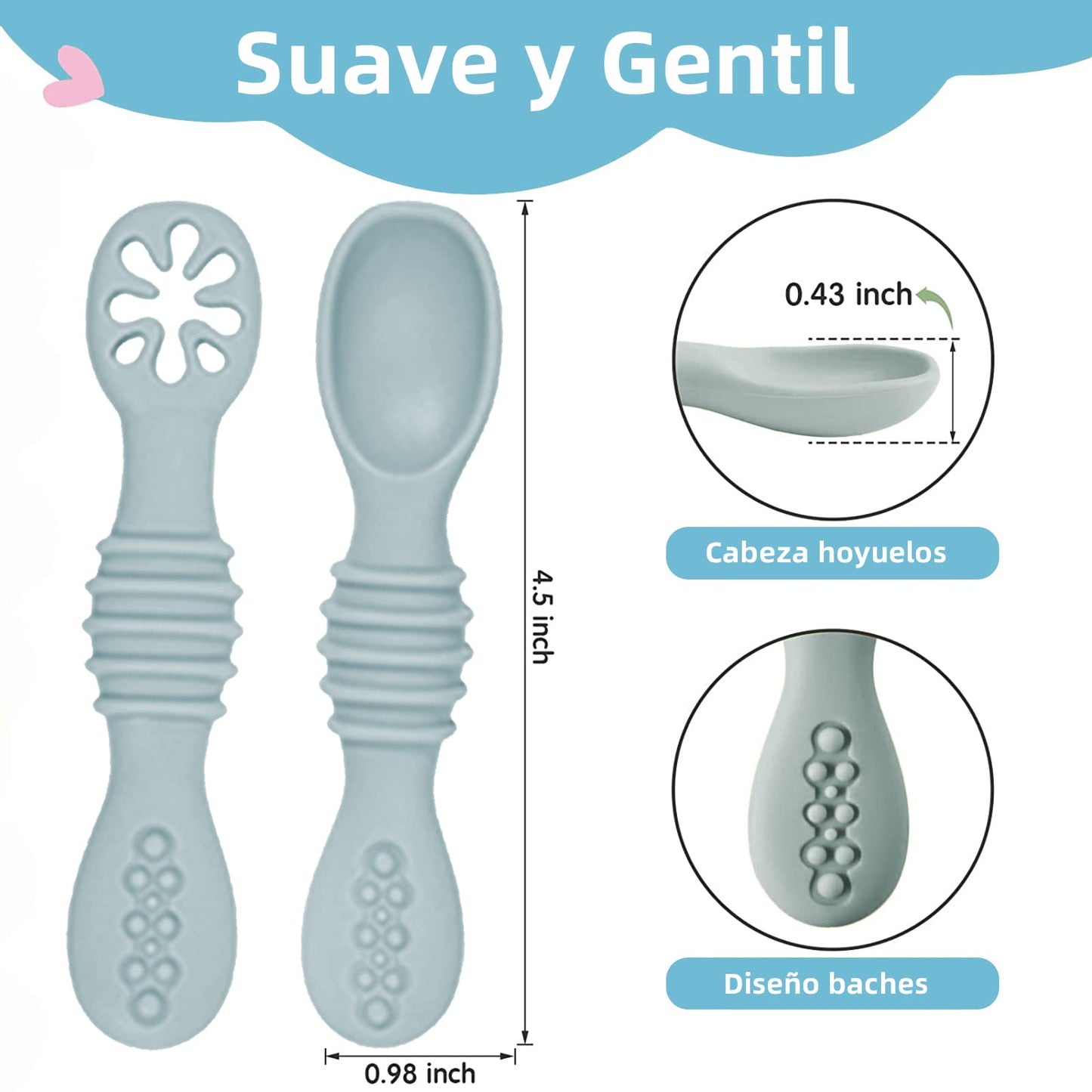 LEIDSANY Cucharas para bebe, cucharas de silicio para dietas de entrenamiento, silicona suave no contiene BPA, ejerce hábitos alimenticios independientes, aptos para bebe de todas etapas(Azul)