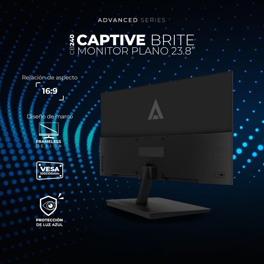 Acteck Monitor Plano 23.8" VA/Captive Brite CB240 / FHD / 75Hz / 5ms / 1xVGA / 1xHDMI / Vesa 100x100mm / Base Cuadrada Negro