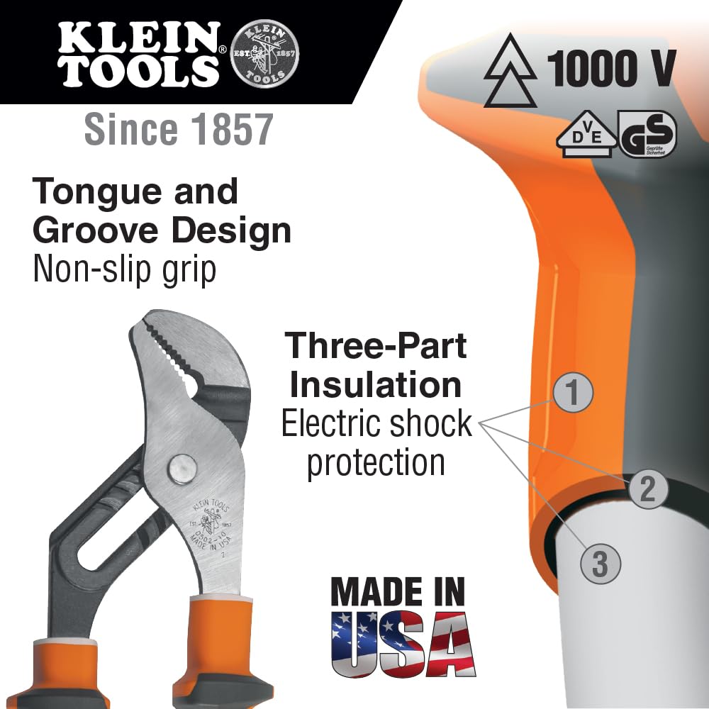 Klein Tools 502-10EINS Electrician's Insulated Tongue & Groove Plier