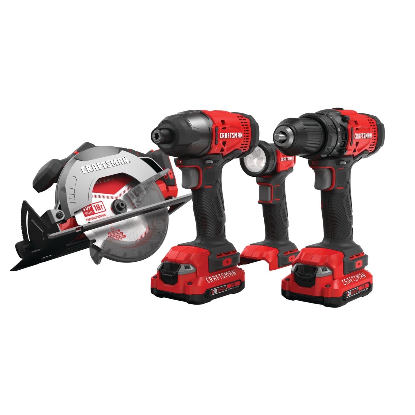 CRAFTSMAN Kit de Herramientas 20V Inalámbricas con Taladro Atornillador Sierra Circular Atornillador de Impacto y Linterna con 2 Baterias CMCK401D2