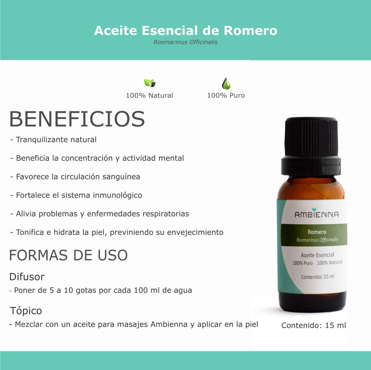 Aceite Esencial Ambienna Romero 100% Natural Puro para Difusor o Spa 15 ml