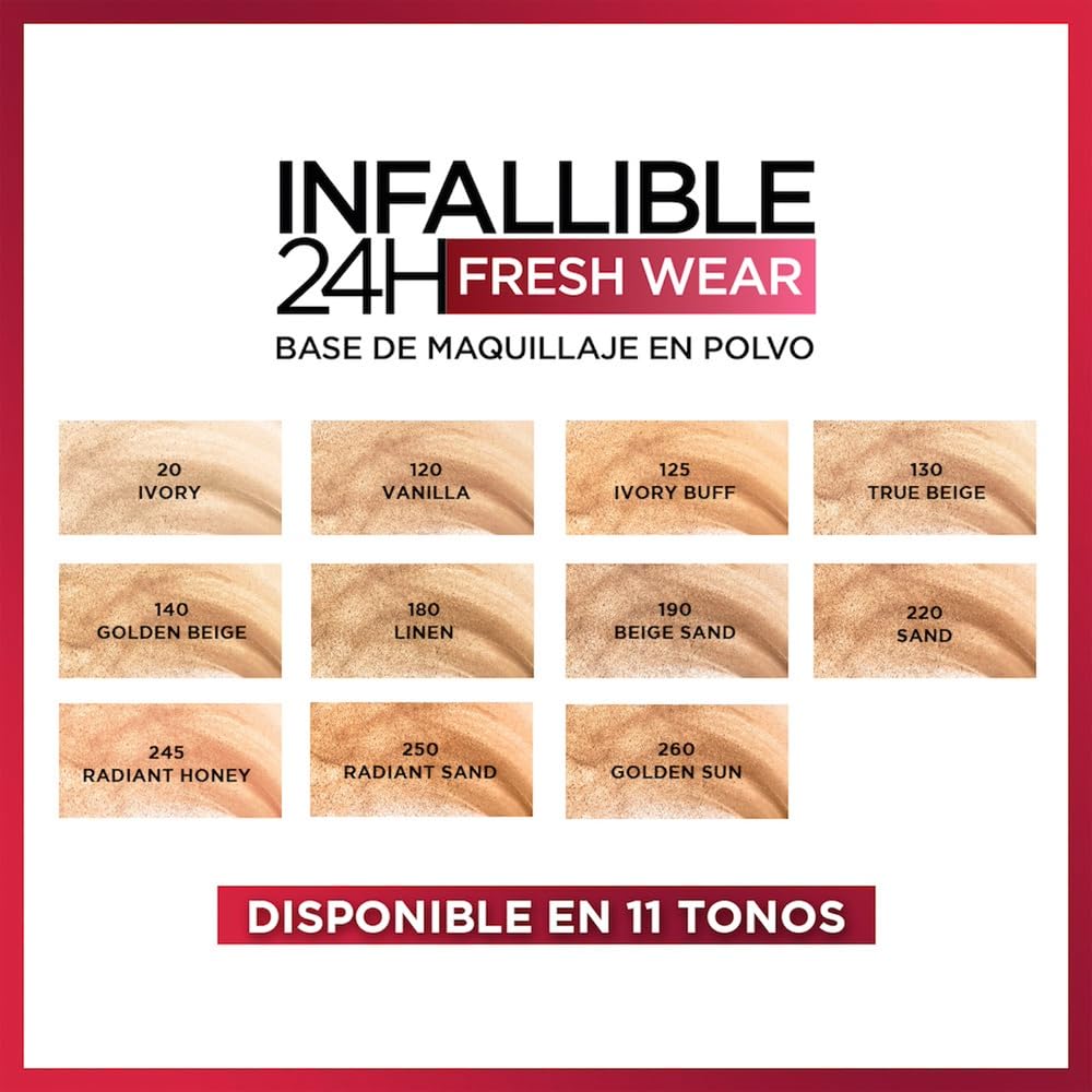 L´Oréal Paris base de maquillaje en polvo de larga duración Infallible 24h Freshwear, Tono 130 True Beige, 9gr