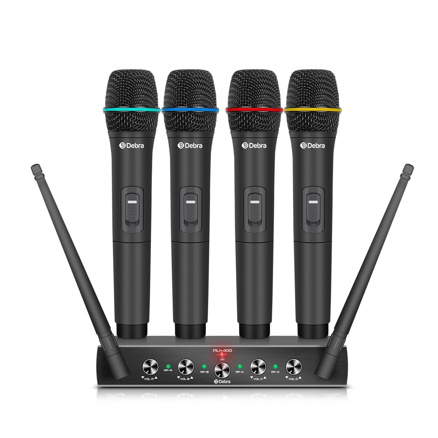 Debra Audio Pro UHF Sistema De Micrófono Inalámbrico De 4 Canales con Micrófonos Inalámbricos, Receptor De Metal, Ideal para La Fiesta De La Iglesia De Karaoke (with 4 Handheld (B))