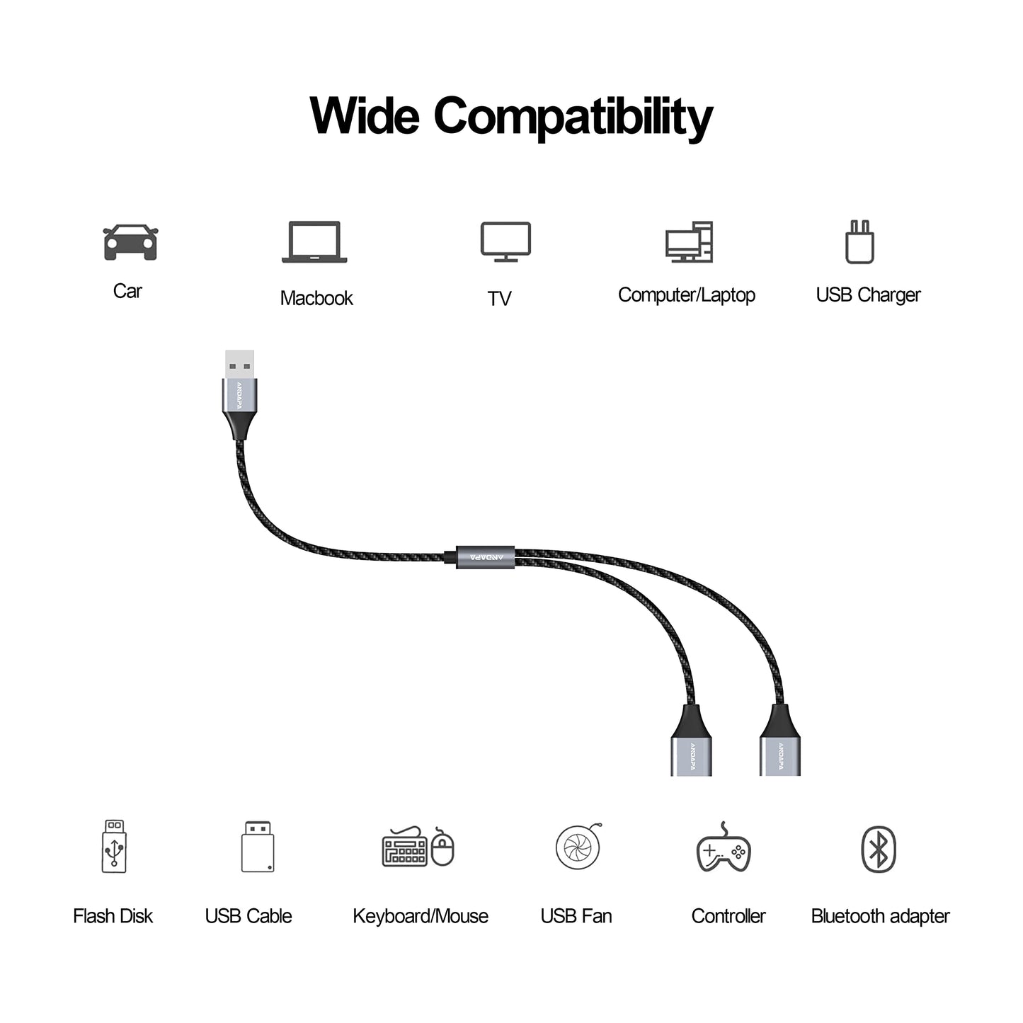ANDAPA Divisor USB, convertidor de cable de extensión USB de 1 entrada y 2 salidas para PC, Mac, coche, Xbox One Series X/S, PS4, PS5, laptop