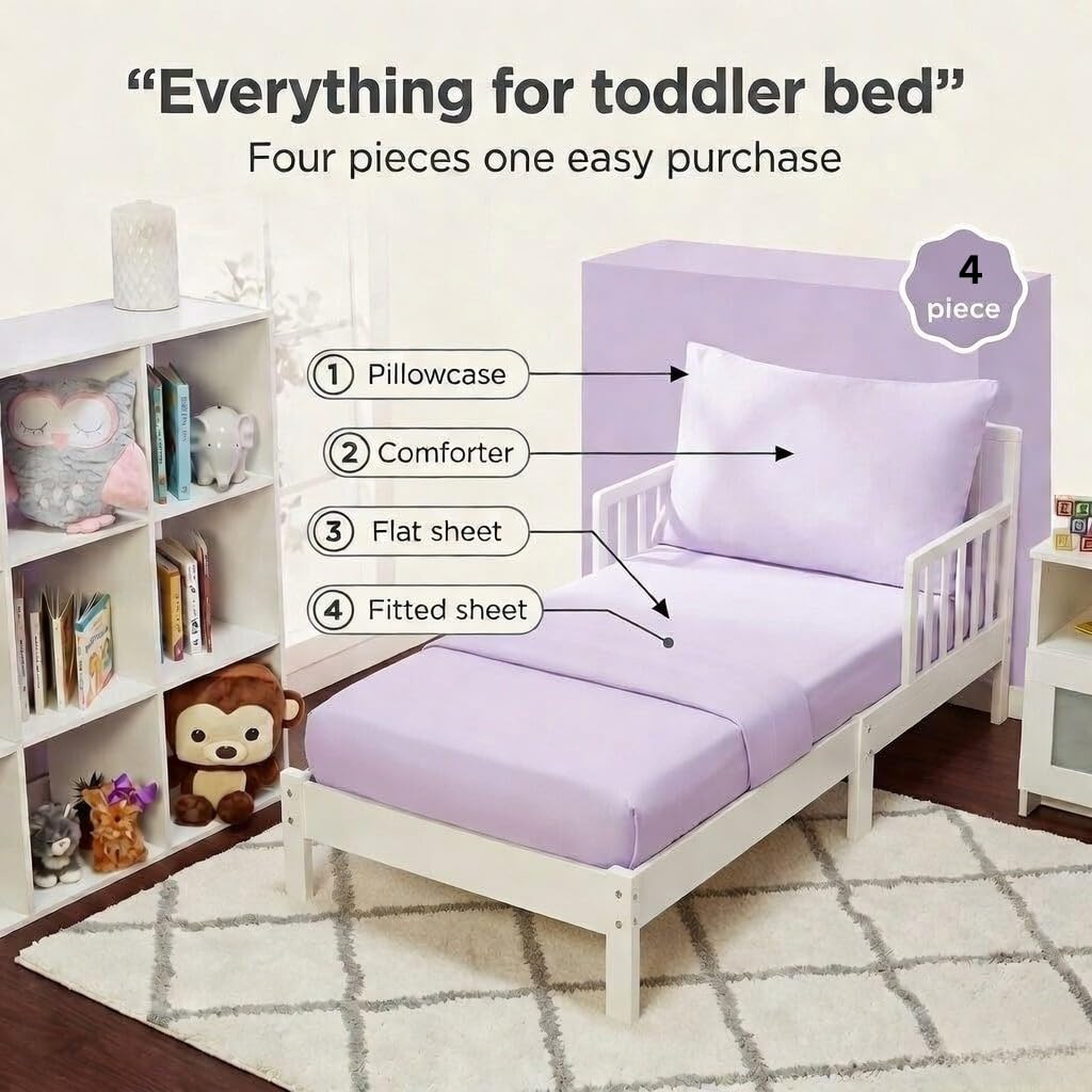 Everyday Kids - Juego de ropa de cama de 4 piezas para niños, incluye edredón, sábana encimera, sábana bajera y funda de almohada, color morado sólido