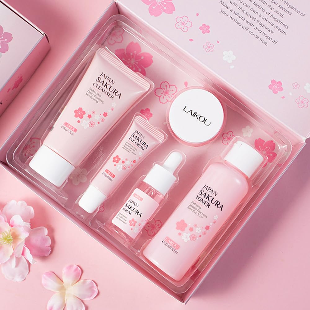 Yasovigi- Kit de cuidado de la piel Sakura para mujeres adolescentes, 5 piezas de cuidado de la piel, set de regalo de viaje con limpiador, tónico,