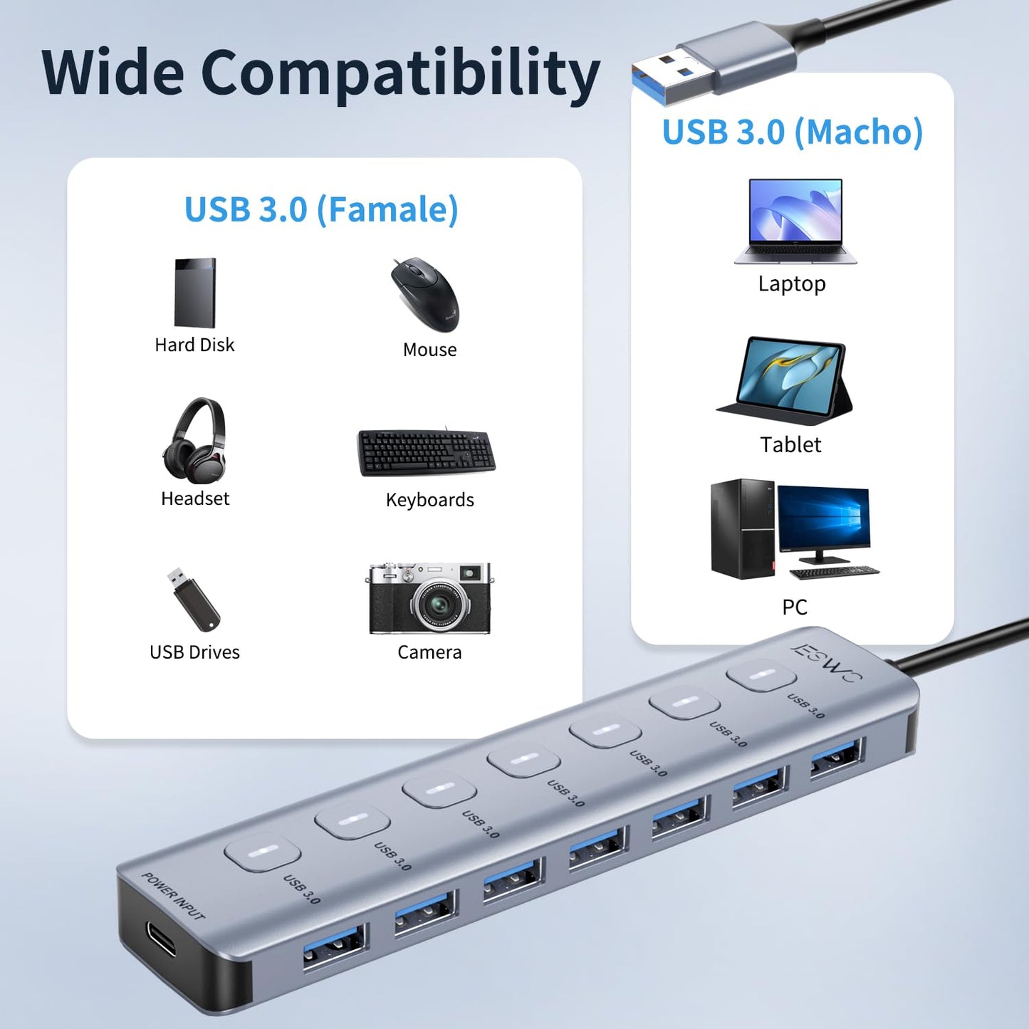 JESWO Hub USB 3.0, 7 Puertos Adaptador USB de Aluminio con LED e Interruptores, Cable de Extensión de 1m, Multi USB para PC, Portátil, Macbook Pro etc.