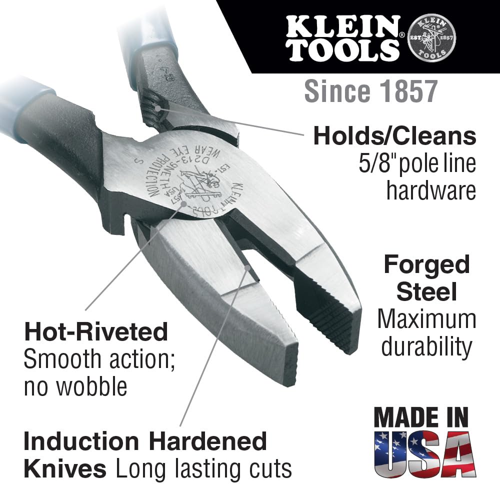 Klein Tools D213-9NETH Pinza de Electricista Alta Palanca con Sujeta-Pernos de Liniero de 9-3/8”