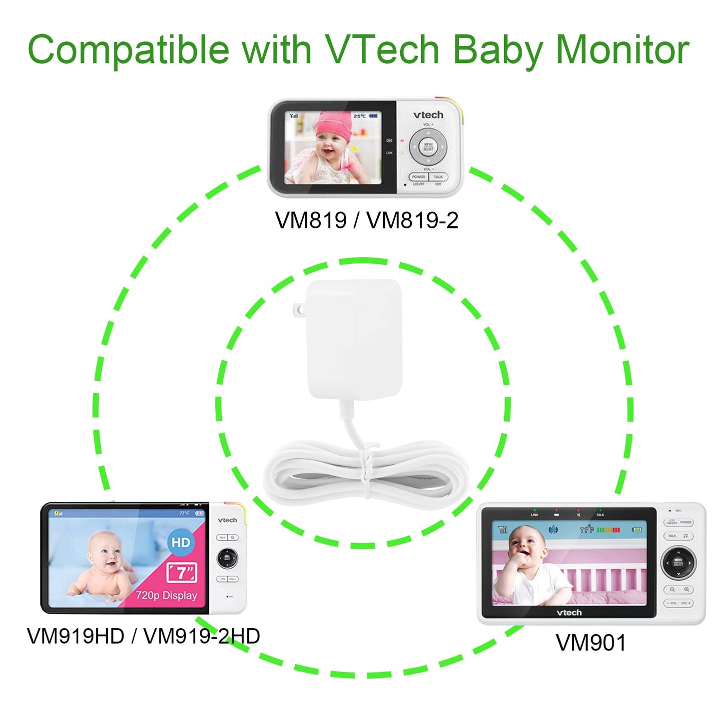LEFXMOPHY - Cable de alimentación para monitor de bebé VTech VM901 VM919HD VM919-2HD VM819 VM819-2 de poliuretano para visualización de mano (no para unidad de bebé Cam) repuesto 5V blanco cargador UL Aadpter con cable de 5 pies