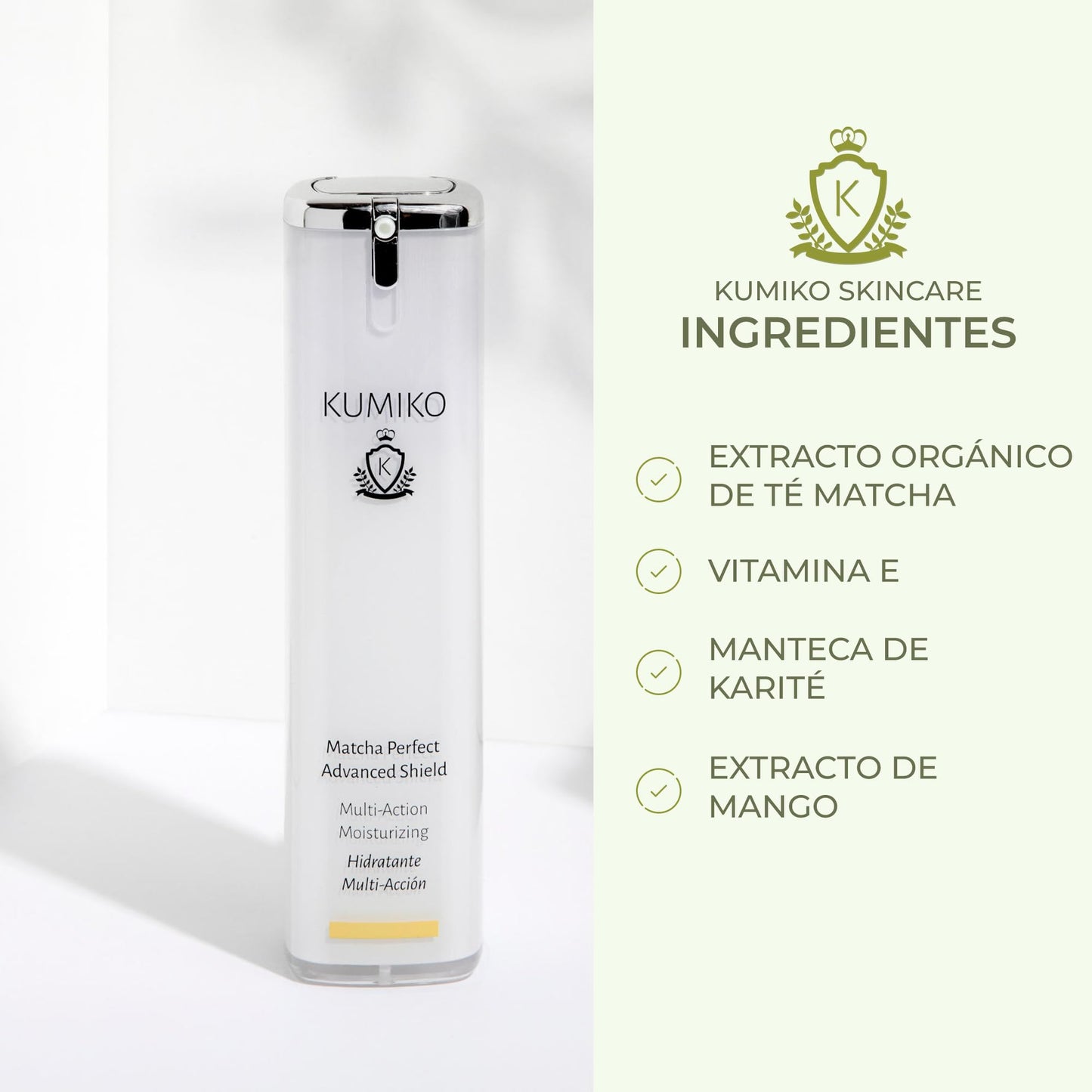 KUMIKO Matcha Perfect Advanced Shield Crema Hidratante Facial Piel Grasa de Acción Múltiple para Todo Tipo de Piel - Suavidad y Juventud - 6.74 oz - Diaria Nutrición y Luminosidad