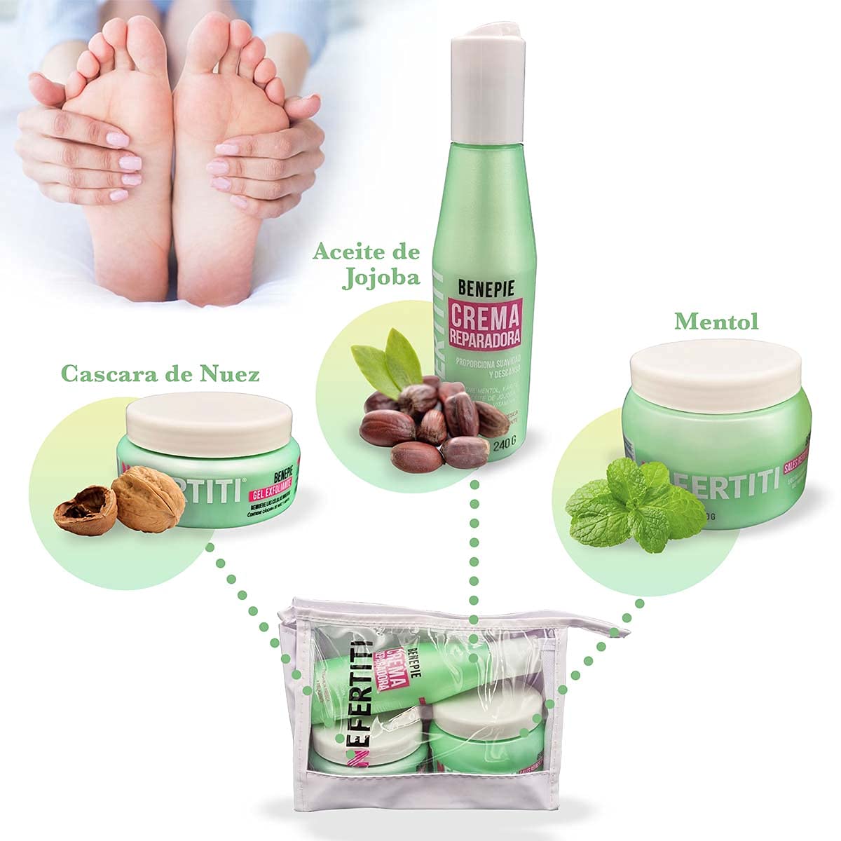 Kit spa profesional para pies - Benepie Nefertiti - Sales refrescantes efervescentes - Gel exfoliante para pies - Crema reparadora - kit con 3 pzas + cosmetiquera gratis