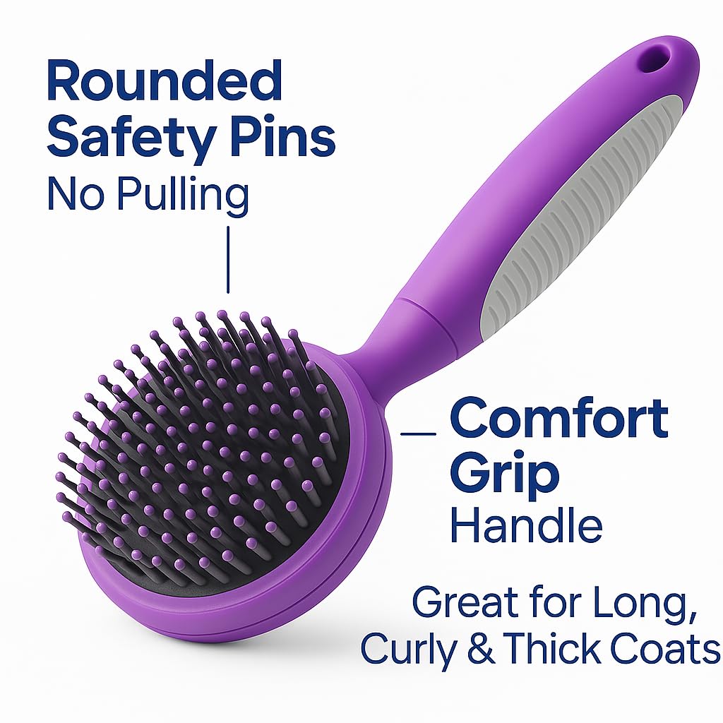 Cepillo de cerdas redondas para perros y gatos, cuidado suave para pelo corto o largo, herramienta suave para pieles sensibles elimina la caspa, la suciedad y desenreda – morado