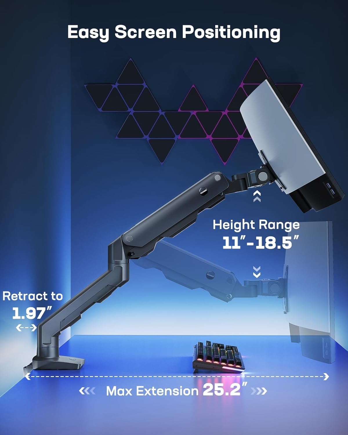 HUANUO - Brazo de monitor resistente para pantallas de 49 pulgadas de hasta 35 libras, brazo de visualización ultra ancho de aluminio para Samsung Odyssey G9 y más, soporte de monitor totalmente
