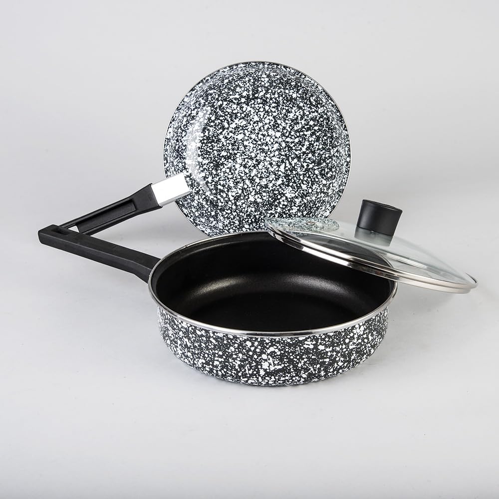 Cinsa Batería de cocina Granito Blanco con Negro 10 piezas, Peltre pesado con antiadherente, Tapas de vidrio templado. (Blanco con negro)