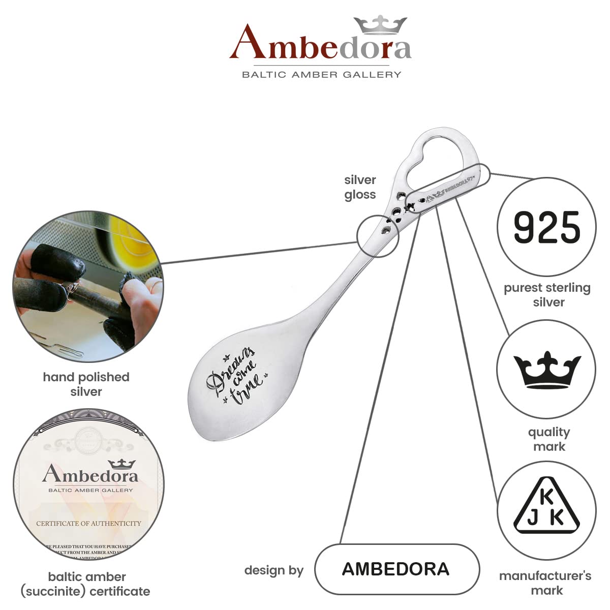 AMBEDORA Pequeña Cuchara de Plata con Grabado, Plata 925 Pulida, Idea de Regalo para Cumpleaños, Aniversario de Boda o Bautizo