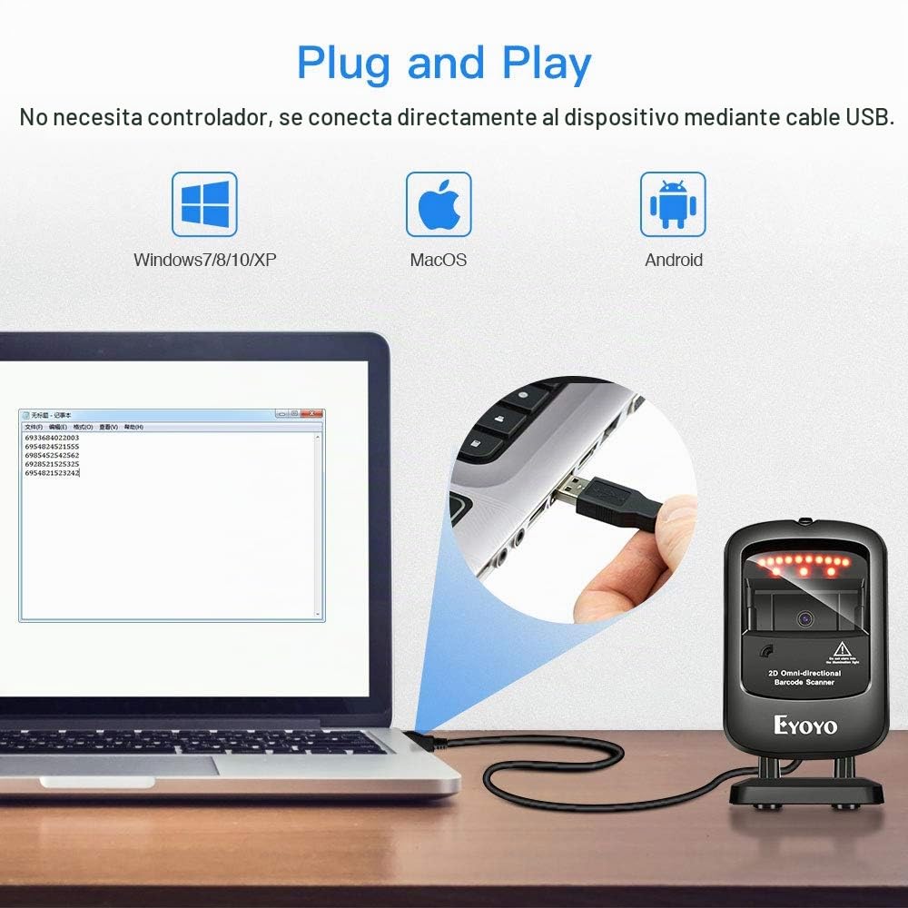 Escáner de Código de Barras Eyoyo Negro Omnidireccional USB Manos Libres