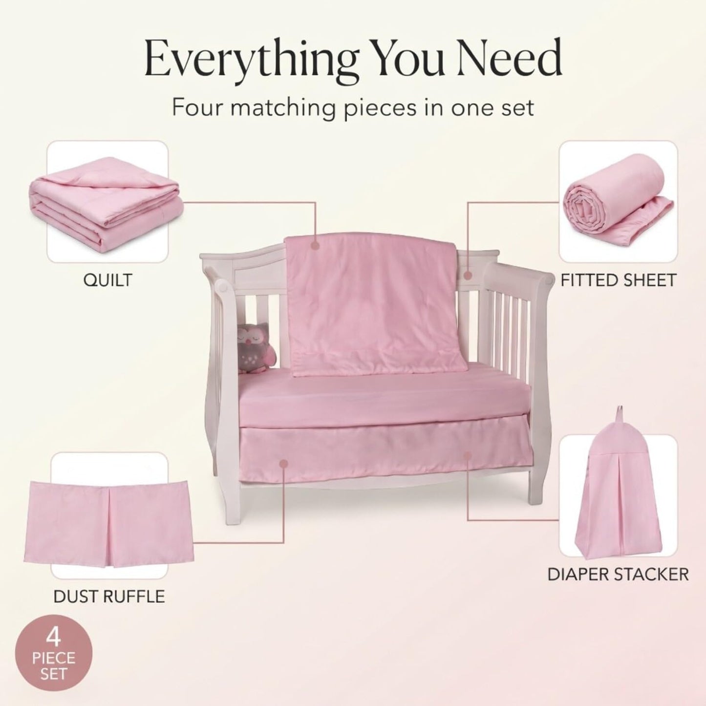 EVERYDAY KIDS Juego de ropa de cama para cuna de 4 piezas para niñas, incluye edredón de cama de bebé, sábana bajera, volantes y apilador de pañales, juego de cama para guardería, juego de cama para cuna de bebé en color rosa