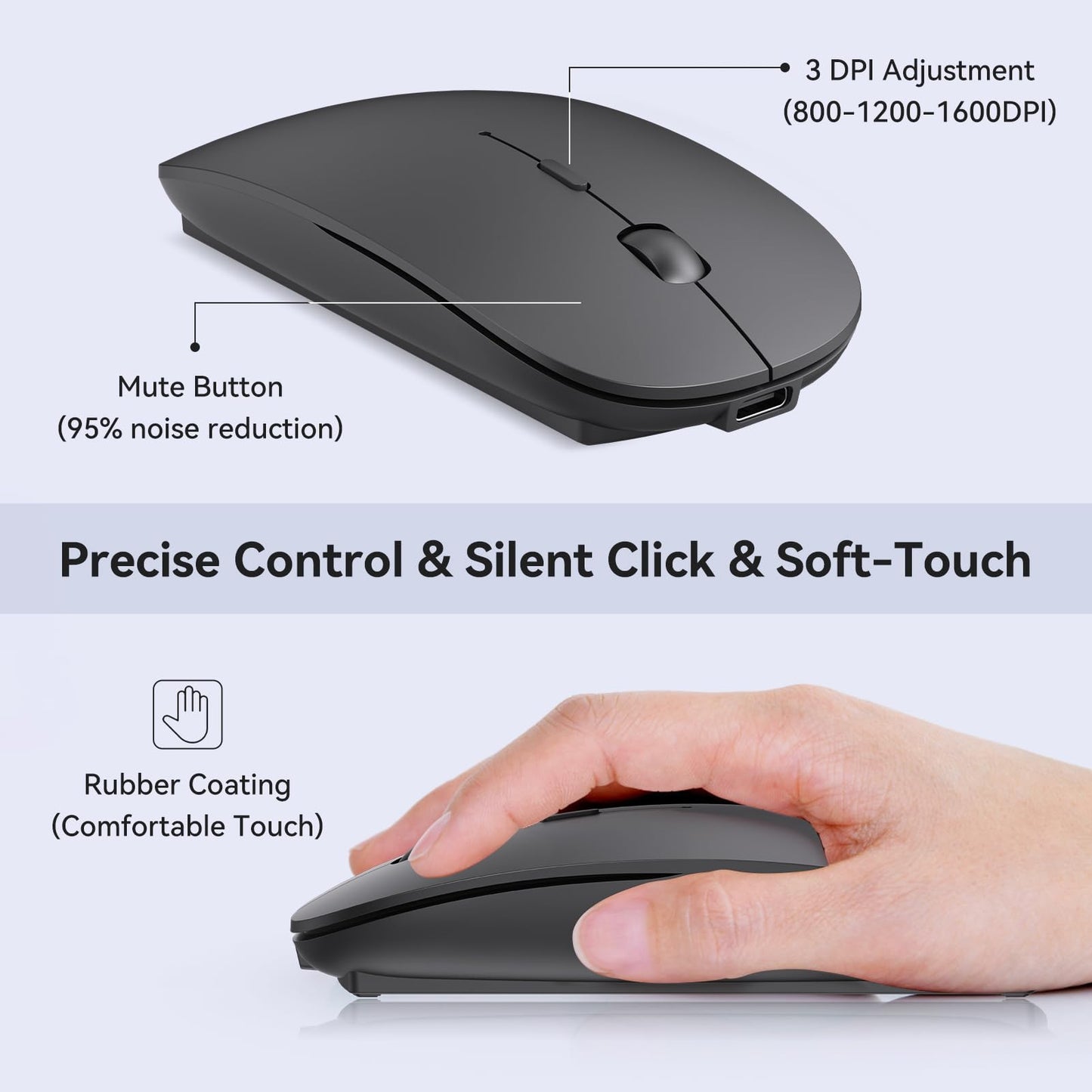 cimetech Ratón inalámbrico Receptor USB A y Tipo C, Clic silencioso, Recargable Tipo C, Revestimiento de Goma Suave al Tacto, ratón de Viaje Delgado para Ordenador portátil MacBook Air/Pro -Negro