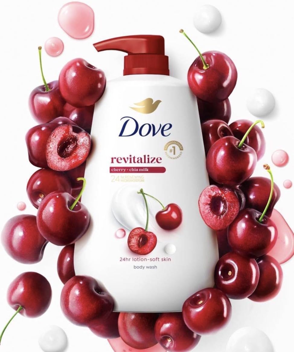 Dove Revitalize Gel de Baño, Cereza y Leche de Chía, 24 Hr MicroMoisture, sin Sulfatos ni Parabenos, 905 ml