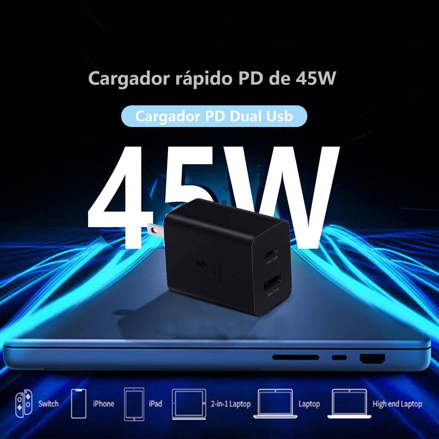 Cargador 45w Carga Rápida, para Samsung Galaxy S23/S24, PD 2 Puertos, USB C+USB A con 1.8M Cable USB c Carga rapida,Cargador Carga rapida