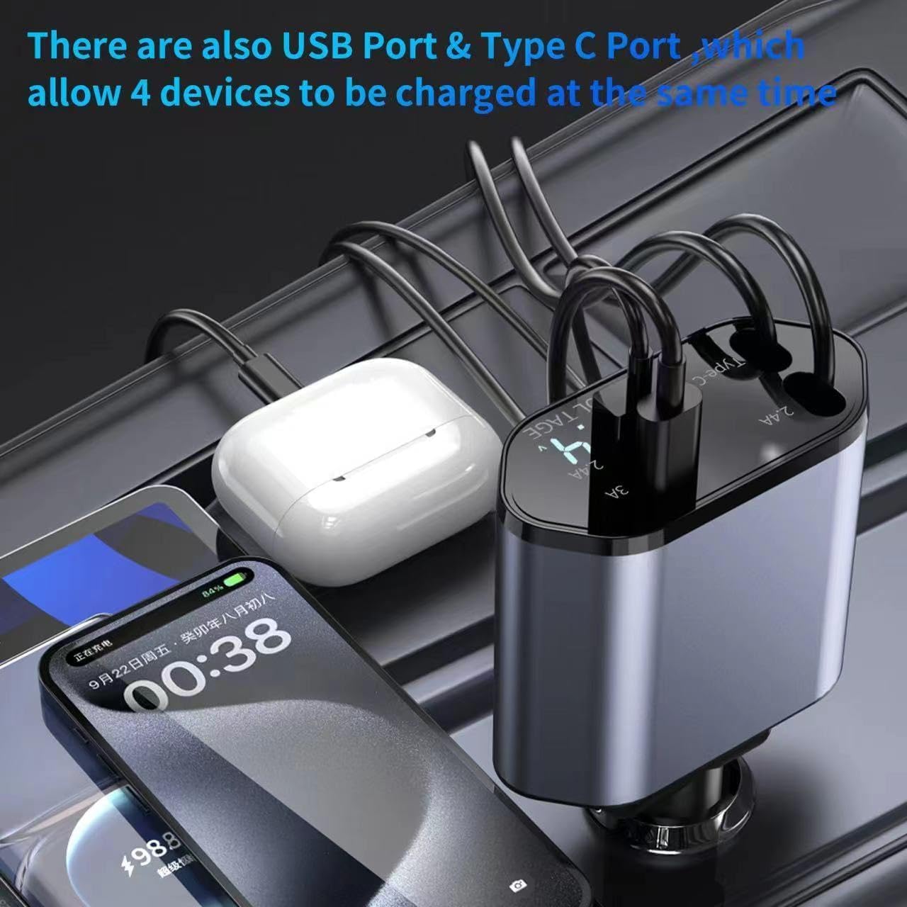 HKEDHD 120W Retráctil Cargador de Coche 4 en 1 Adaptador de Cargador de Coche con Cable Retráctil y Pantalla de Voltaje para Vehículos de 12/24 V, Compatible con Android, iPhone, Samsung,Huawei,Google