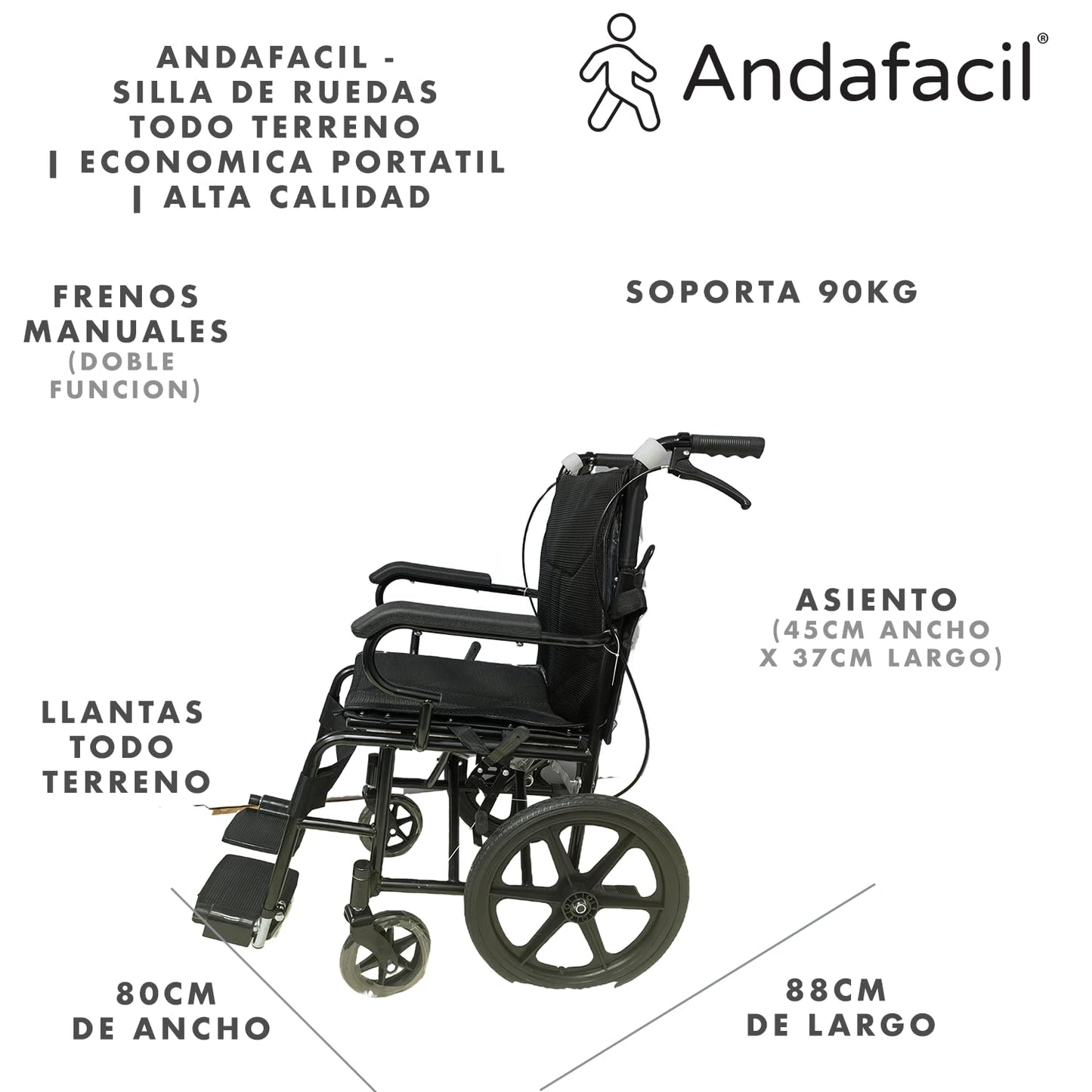 Silla de Ruedas Andafacil Todo Terreno Alta Calidad Económica Portátil