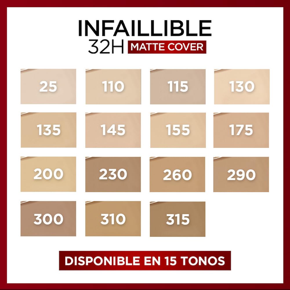L'Oréal Paris, base de maquillaje de alta cobertura matte y larga duración, Infallible 32h Matte Cover, Tono 155