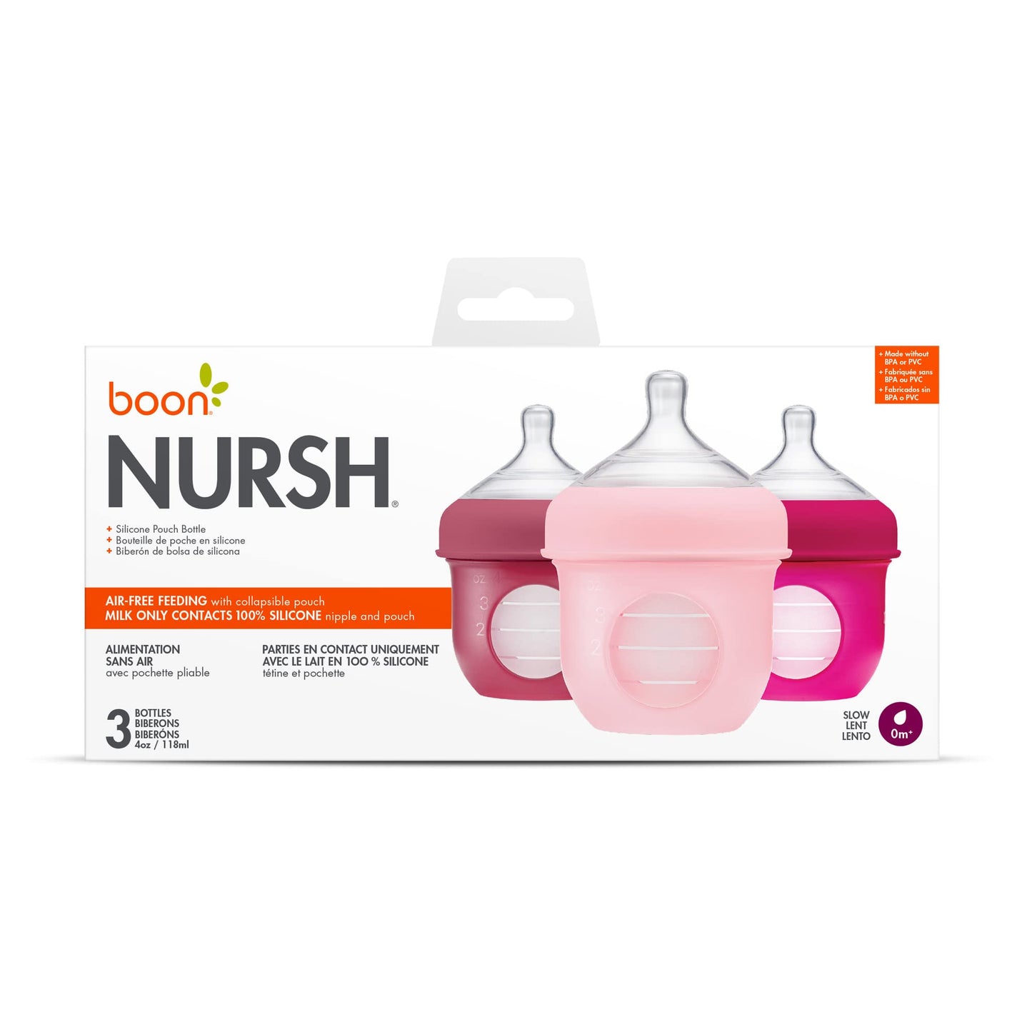 Boon NURSH SILICONE POUCH BOTTLE 4oz 3pk - Pink Multi
