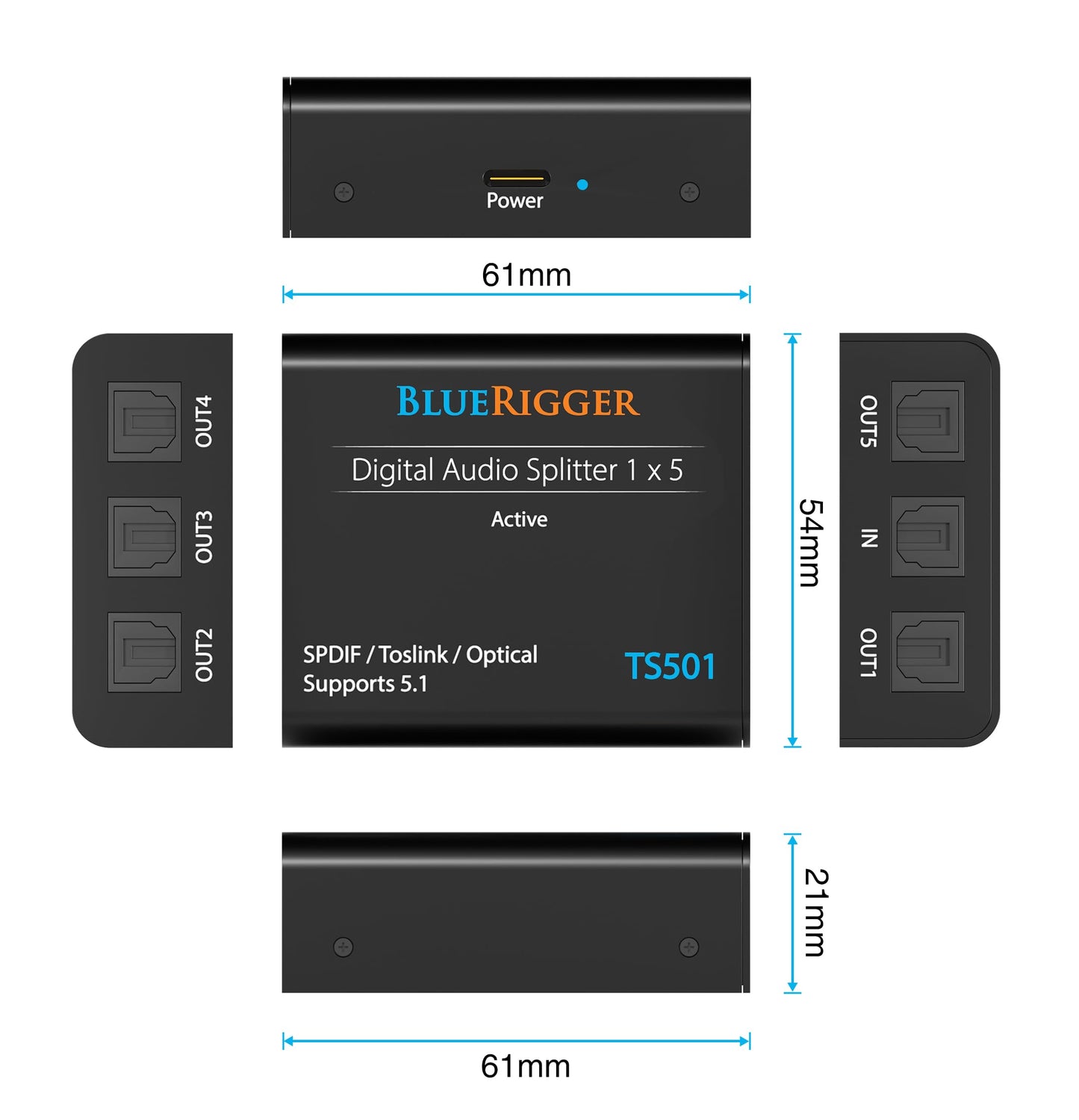 BlueRigger - Divisor de audio óptico digital 1x5 (divisor activo Toslink 1 en 5 salidas, SPDIF, adaptador de audio de fibra óptica) - para cine en casa, Xbox, PS4, DVD, reproductor de CD, receptor