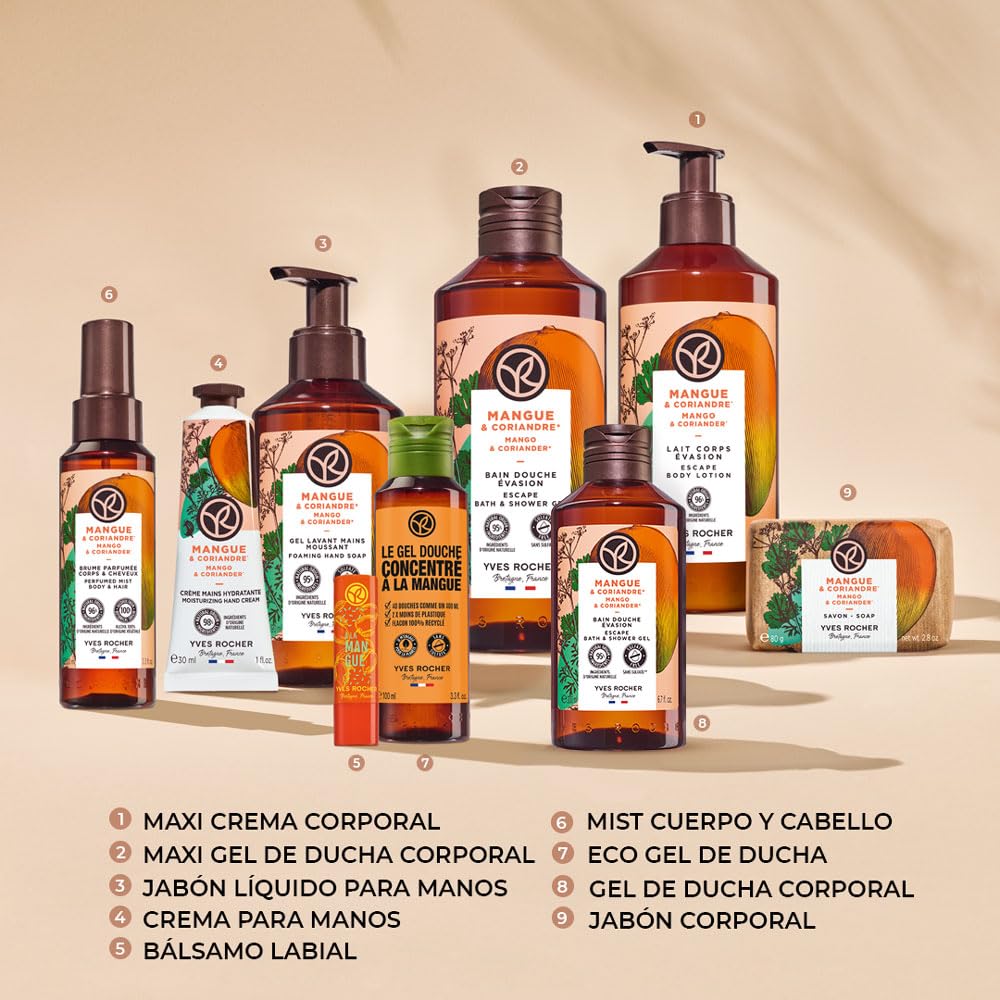 Yves Rocher MAXI TRI PACK Geles de ducha Aromas Relajantes y Estimulantes: VAINILLA FRANCESA + OLIVA Y NARANJO + MANGO Y CILANTRO de 400 ml C/U