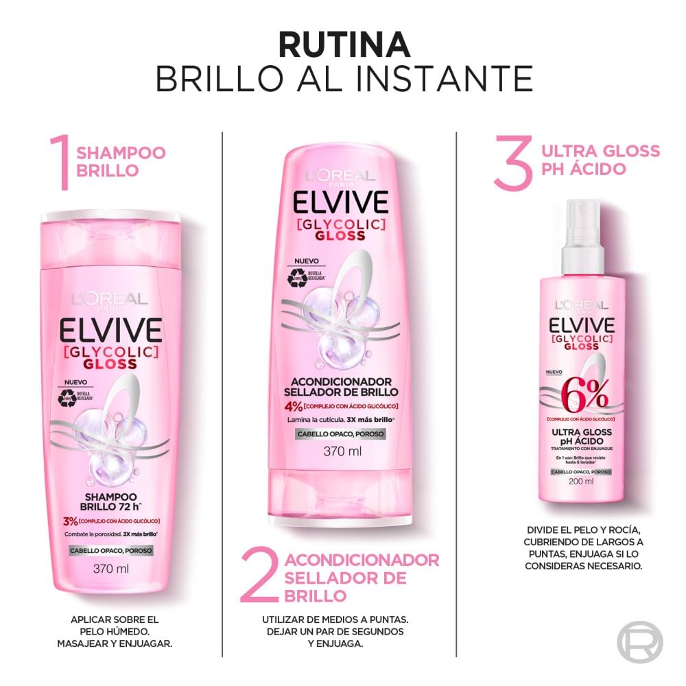 Kit L'Oréal Paris Elvive Tratamiento Ultra Gloss Glycolic Gloss 200 ml, + Elvive Acondicionador Glycolic Gloss, con Ácido Glicólico, 370 ml + Shampoo Glycolic Gloss, con Ácido Glicólico, 370 Ml