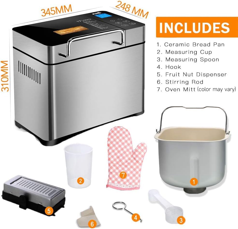 KBS Máquina de pan grande 17 en 1, máquina de pan de acero inoxidable de 2 libras con dispensador automático de frutos secos, sartén de cerámica antiadherente, panel táctil completo de vidrio templado, reserva y mantiene caliente, guante de horno y receta