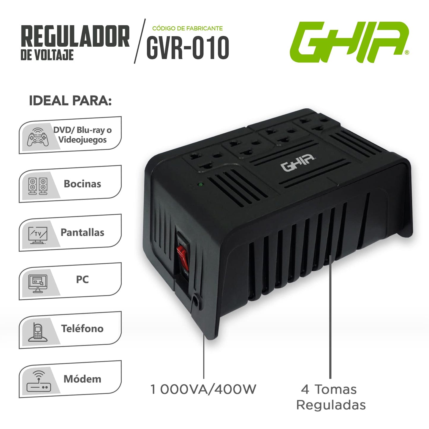 GHIA Regulador de Voltaje GVR-010. Respalda hasta 4 Dispositivos con un Consumo en Conjunto máximo de 1000VA/400 Watts. Regulación y supresión de Picos