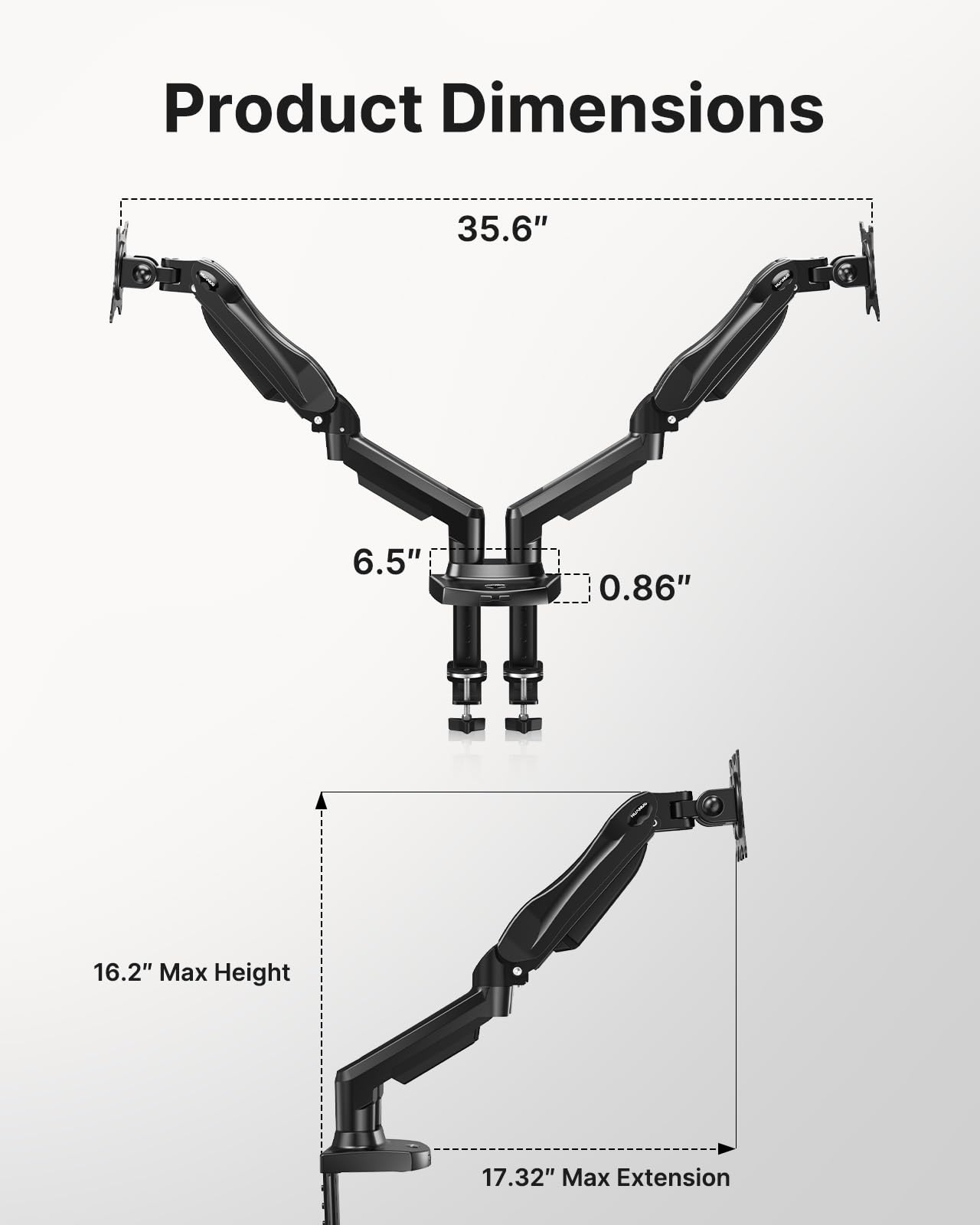 HUANUO Soporte Doble Monitor, Brazo para Monitor Totalmente Ajustable, Montaje VESA con Abrazadera en C y Base de Ojal para Pantallas de 13 a 32 Pulgadas, Cada Brazo Soporta de 2 a 9 KG