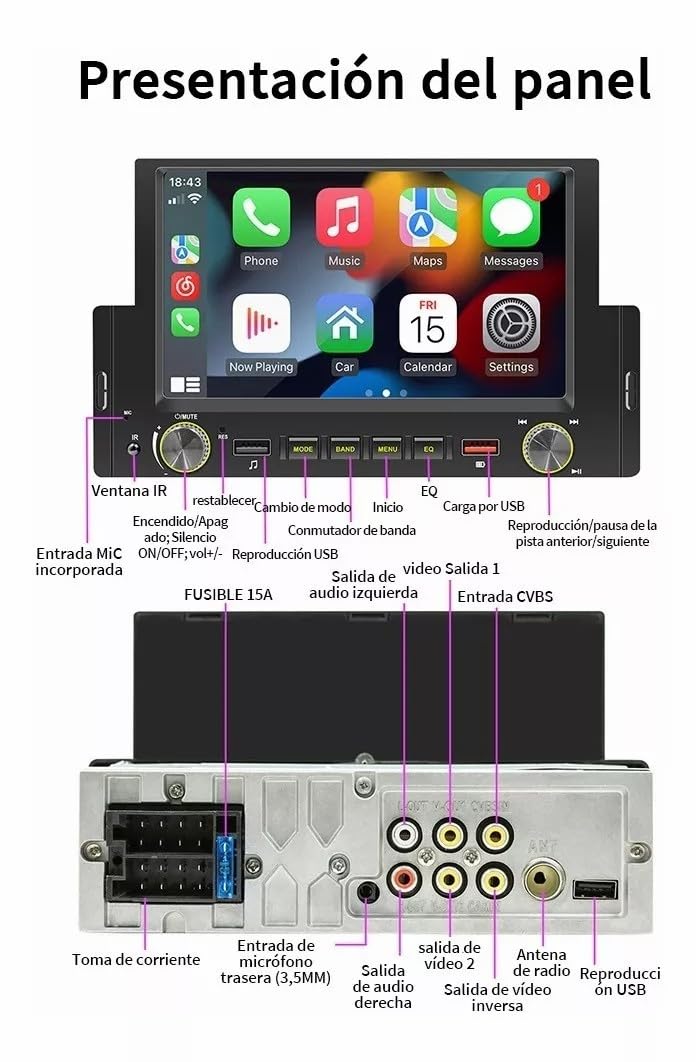 FINYQBET Estéreo para Auto con Pantalla ,Pantalla para Auto 6.2in 1din Carplay Carlife D-Play Mp5+Camara 12 LED Cámara Trasera Radio FM AUX admite MP3 externos, teléfonos móviles