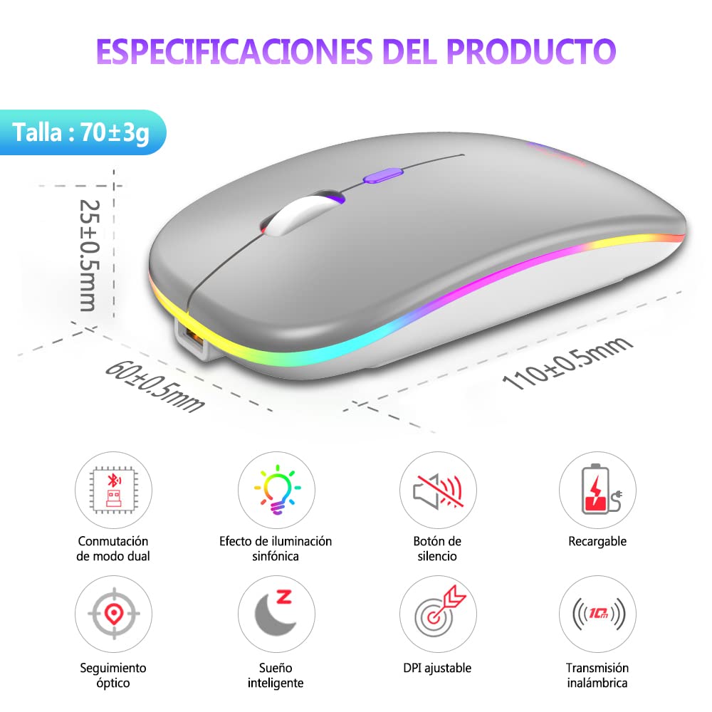 Free wolf X15 Mouse Inalámbrico, Mouse Bluetooth y 2.4GHz Modos Dual Recargable y Ergonómico, Click Silencioso con Receptor USB 3 Ajustable dpi Ratón para Computadora, Portátil, PC, Mac (Plata)