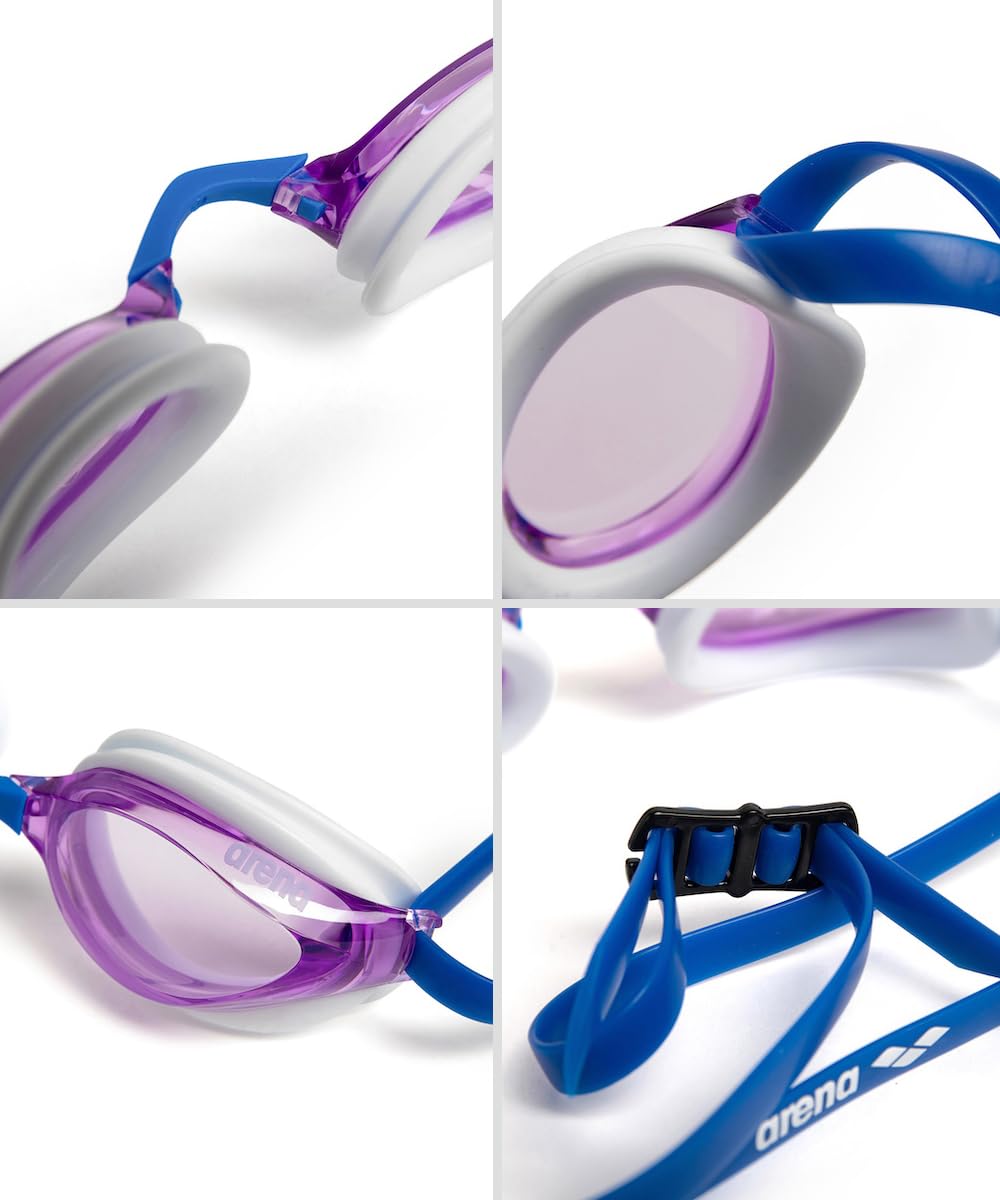 ARENA - anteojos de natación unisex de Python Racing para hombres y mujeres, lentes antivaho, sin espejo, correa doble, violeta/blanco/azul