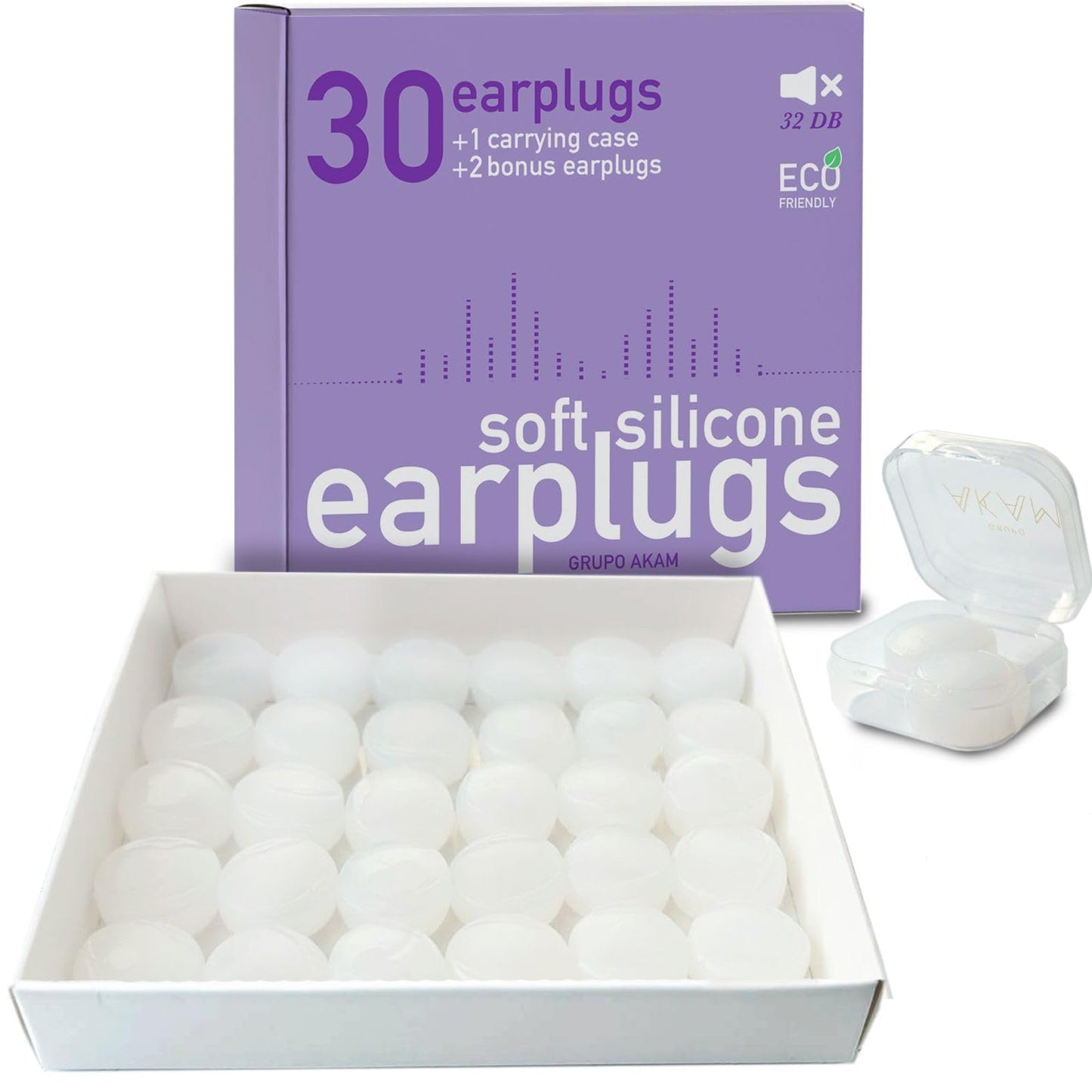AKAM | 30 + 2 Tapones de Silicona Premium para Dormir, Nadar y Cancelación de Ruido ronquidos - Máximo Confort y Protección para los Oídos, Bloqueo de Sonido 27dB | Almohadillas de Cera Suave Color: Blanco | (Total: 32 tapones)