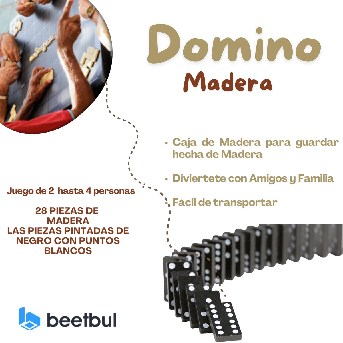 Beetbul Domino de Madera 28 Piezas Negras, Juego de Mesa Portátil para Familia y Amigos
