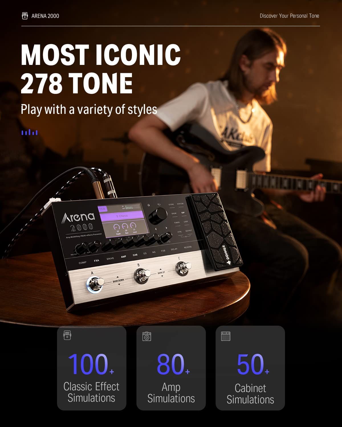 Donner Arena 2000 - Pedal multiefectos de guitarra con 278 efectos, 100 IRs, Looper, máquina de tambor, modelado de amplificador, soporte XLR y MIDI