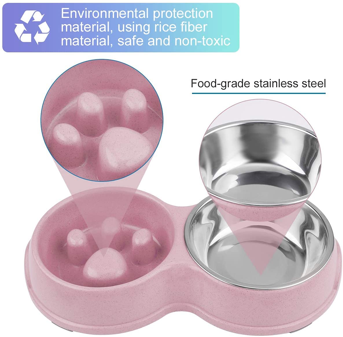 FUXINGONE Comedero para Perros y Gato, Platos para Mascota de Acero Inoxidable con tapete Antideslizante, Tazones Dobles para Agua y Comida, para Perros y Gatos (Rosa)