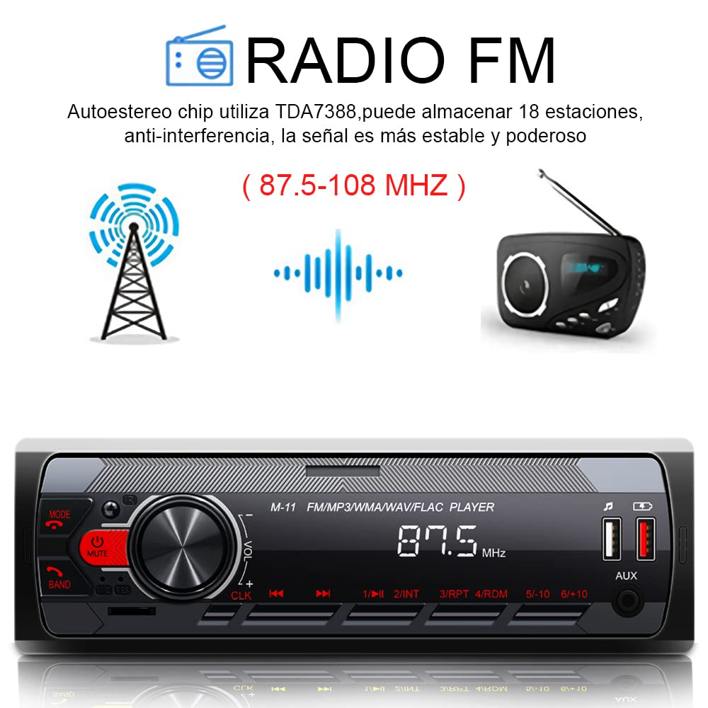 HIMICAR Autoestereo Reproductor Estereo para Automovil MP3, Control por Voz, Dual USB Apoyar AUX/TF/Disco U/FM Bluetooth Estereos con Tarjeta, Llamada Bluetooth + Control Remoto FM