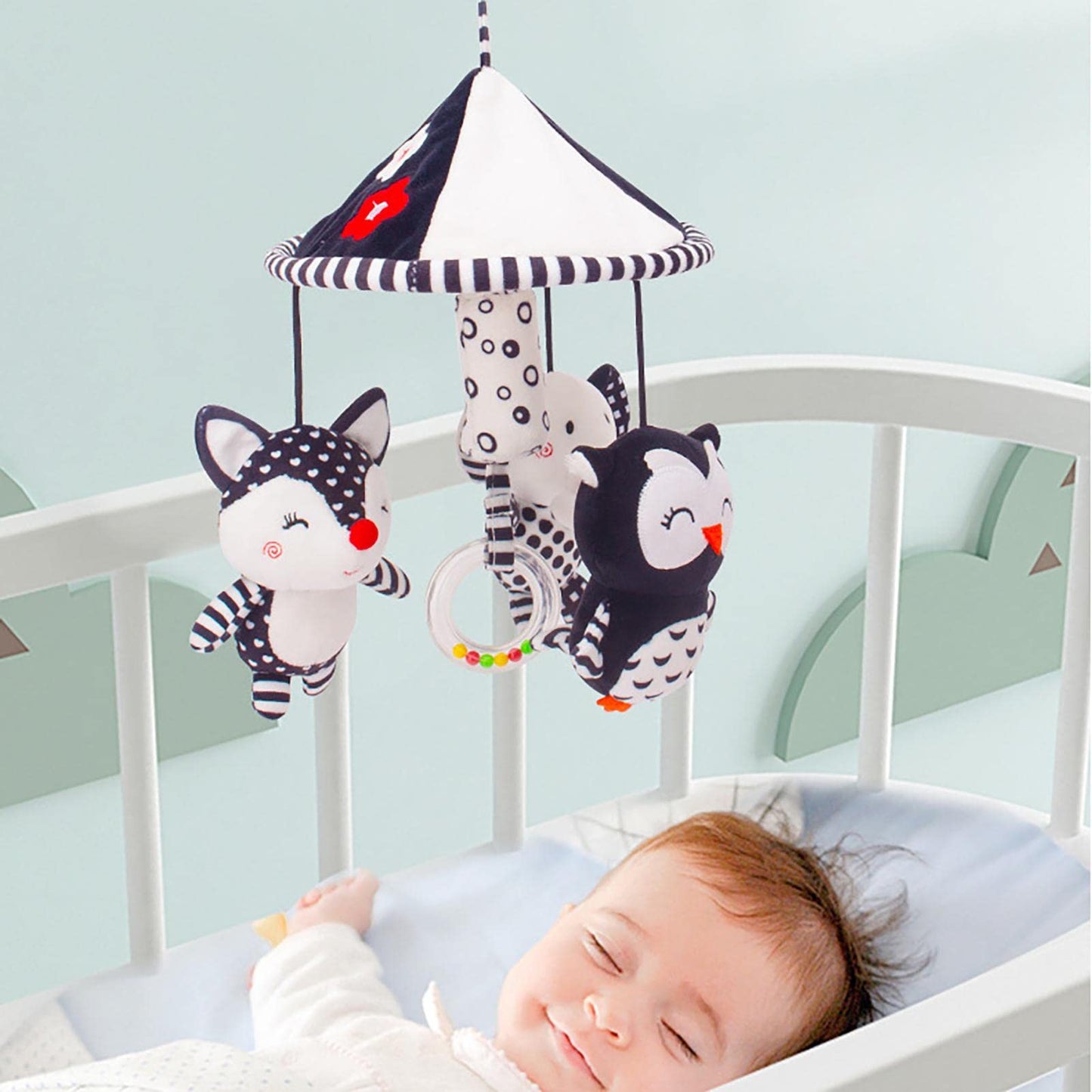 Cuna móvil – Chupete móvil en blanco y negro | Cuna portátil decoración la selva juguetes reconfortantes peluche búho elefante muñeca recámara decoración cabina Sritob