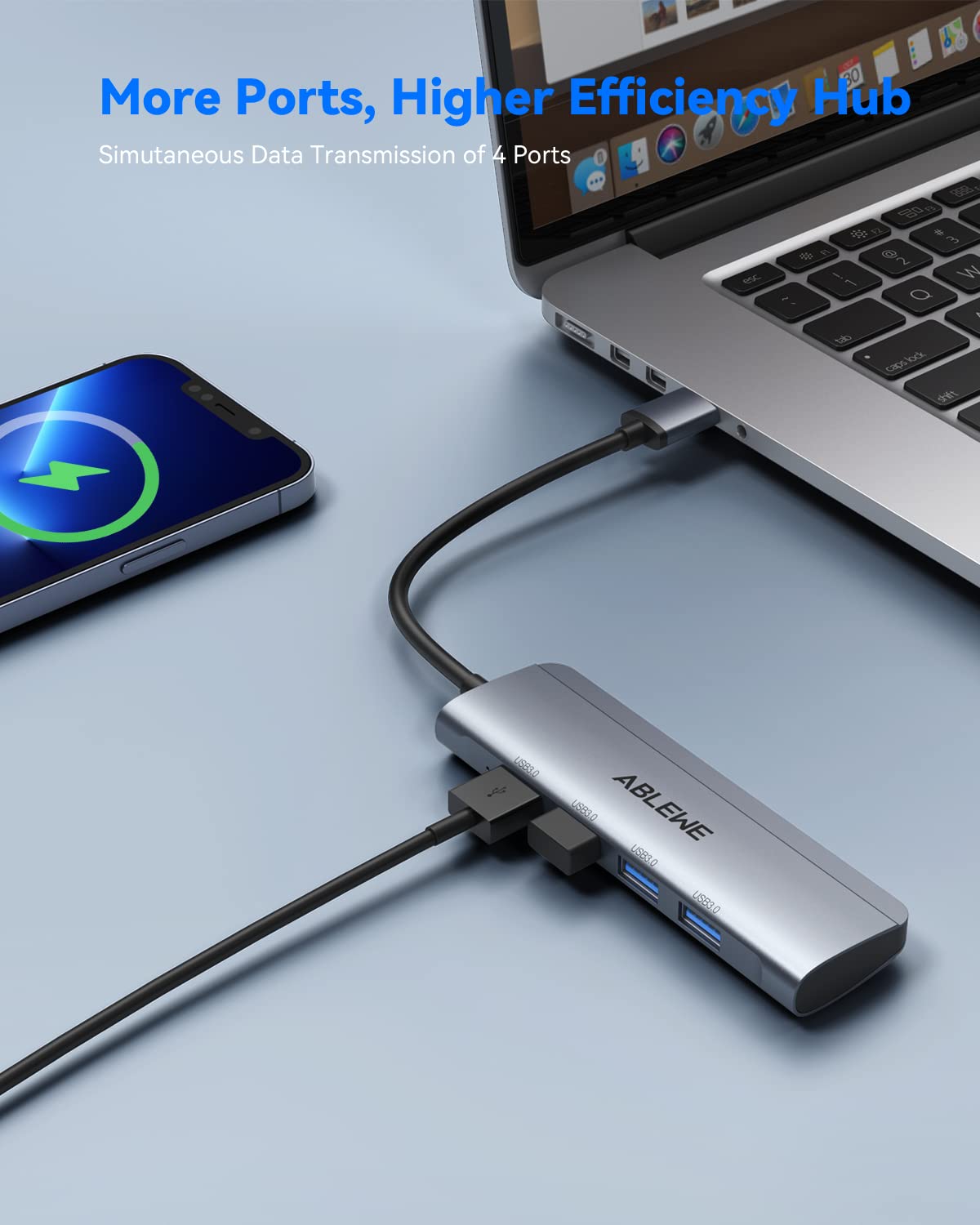 Hub USB 3.0 | ABLEWE USB Hub con 4 Puertos USB 3.0 (5 Gbps), Ladron USB Multi USB Macho- para MacBook Air, Mac Pro, iMac, y Todas Las PC con Puertos USB, Hembra- para Teclados, Mouse, HDD Móvil, etc