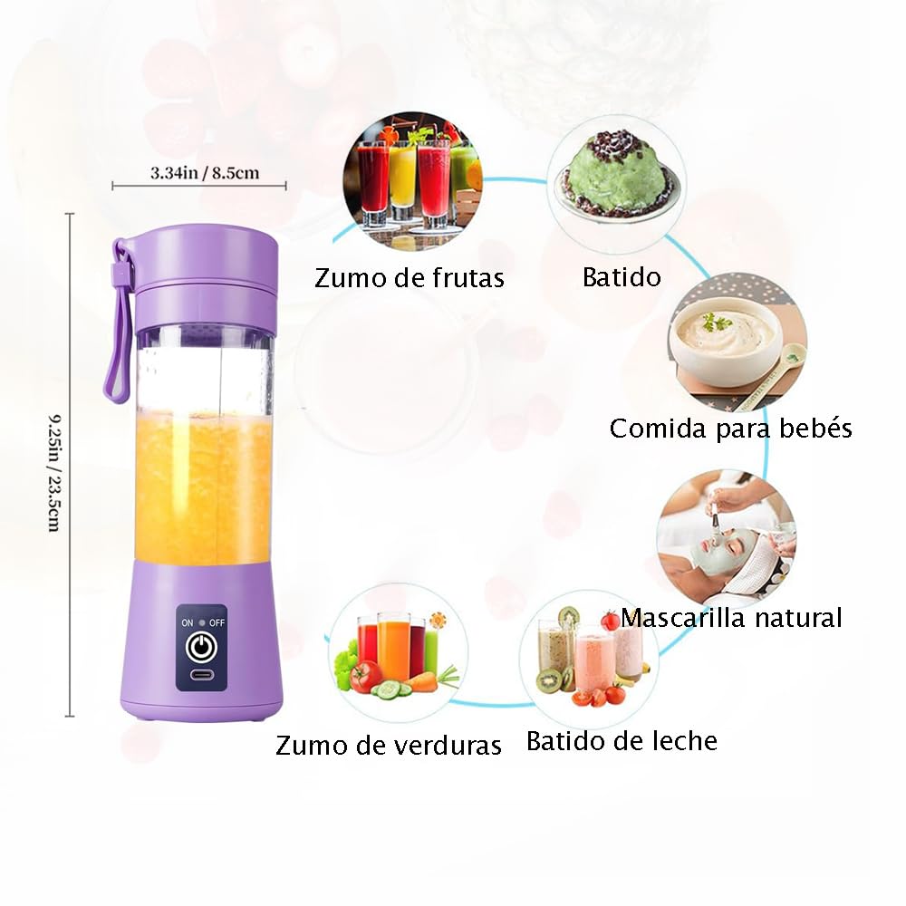 Batidora portátil, 150 watt para batidos y smoothies, 400 ml batidora de viaje recargable por USB, botella sin BPA (Con Cepillo Esponja Morado*1 + Ice Lattice*1)