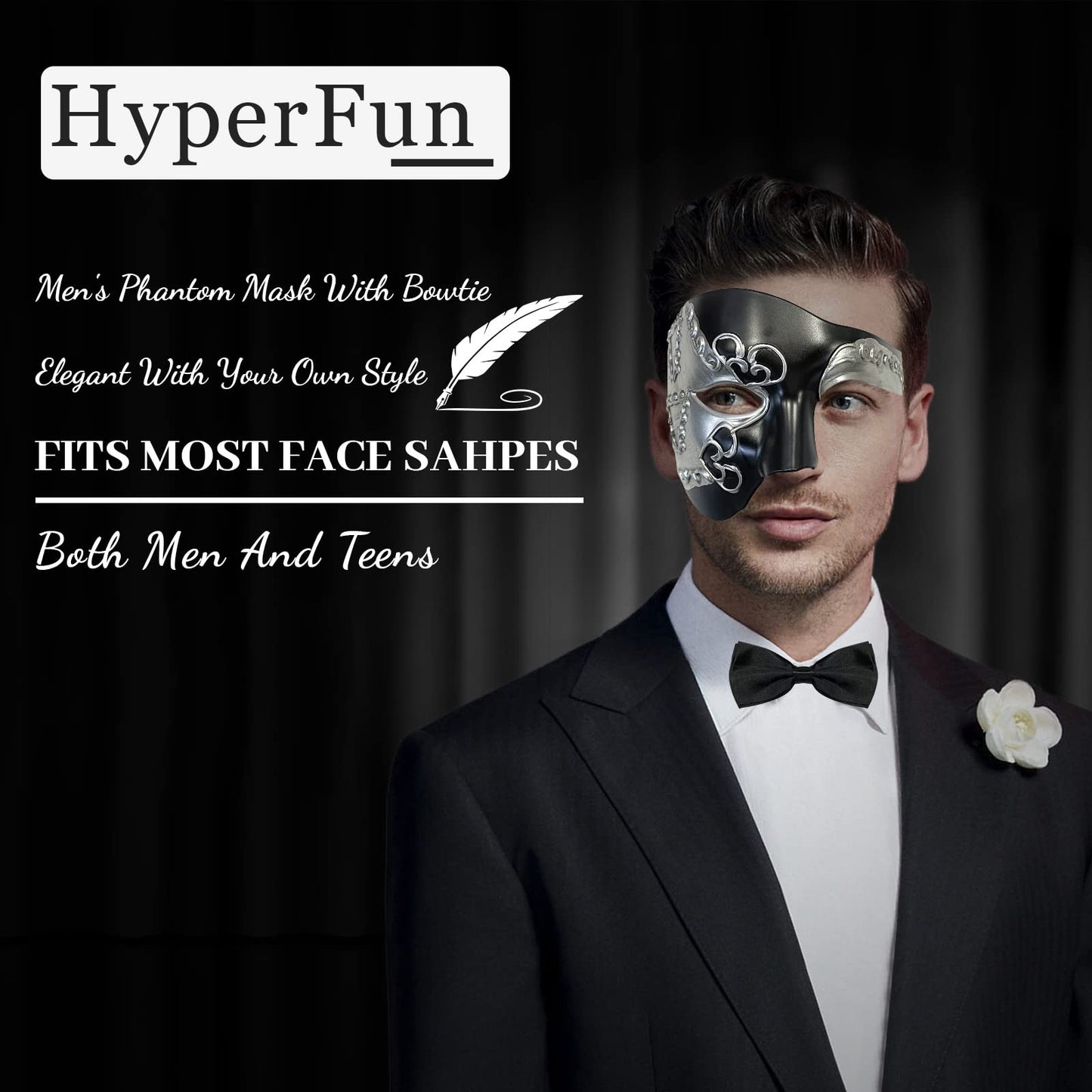 HyperFun Máscara de máscaras para hombre, fantasma de la ópera, máscara de media cara con corbatín, máscaras venecianas clásico para fiestas de disfraces/temáticas (oreja negra)