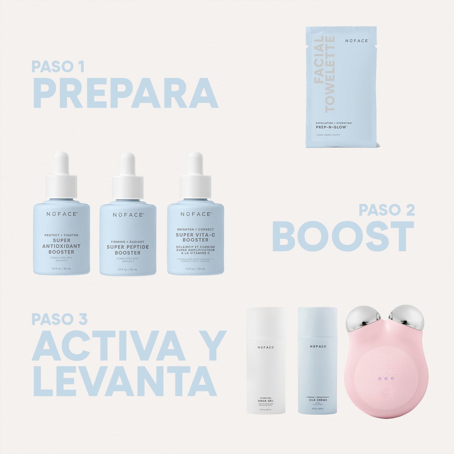 NUFACE | Skin Care Mujer Kit de Inicio MINI+ | Dispositivo Portátil Microcorriente Facial Rosa + 2 Serum y Brocha | Gel Conductor Hidratante Facial con Acido Hialuronico | Skincare Kit