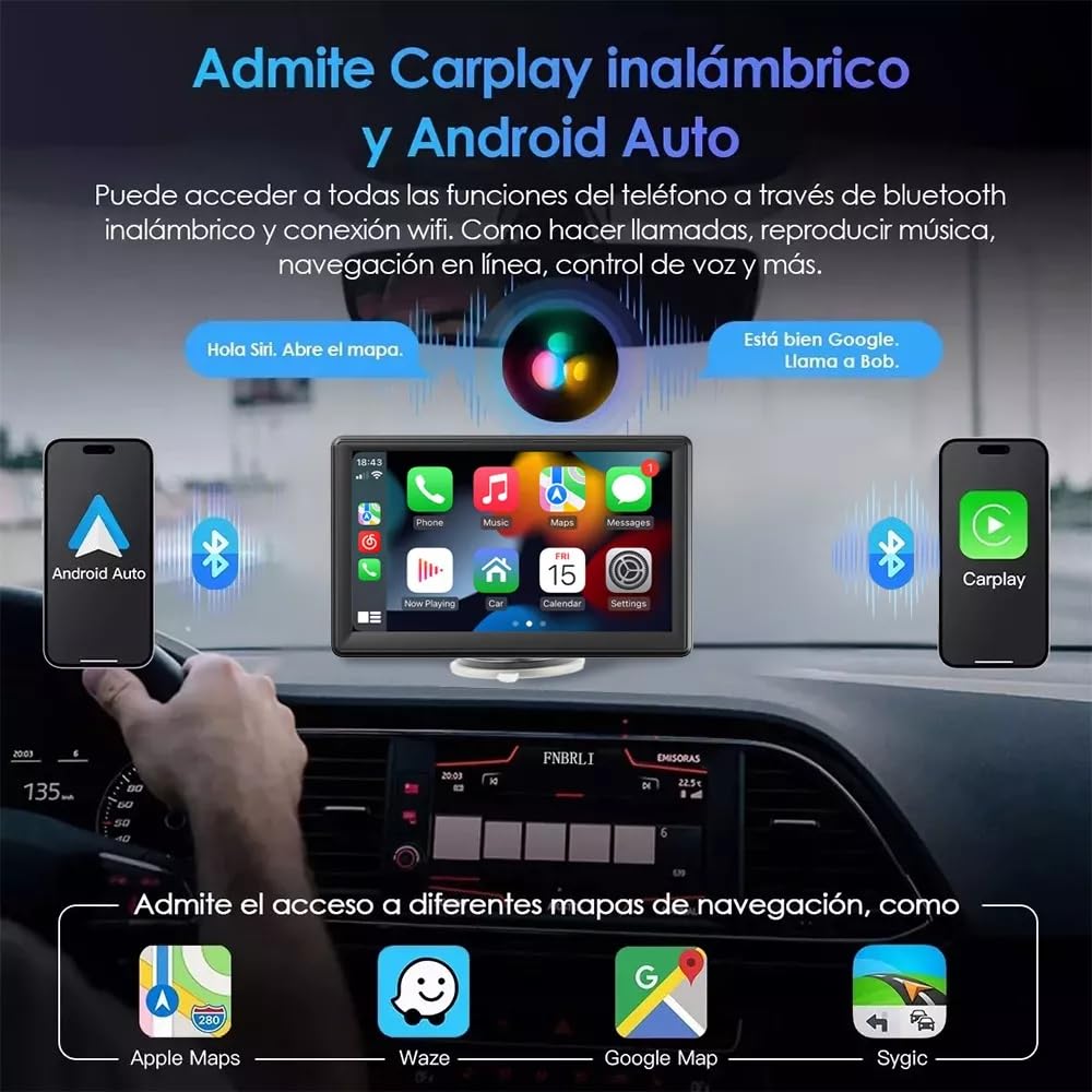 FINYQBET Pantalla Inalámbrica Estéreo para Coche, 7 Pulgadas, Apple Carplay & Android Auto/Mirror Link, IPS HD Pantalla Completa Táctil, Control de Voz, FM, AUX, TF + Cámara Trasera