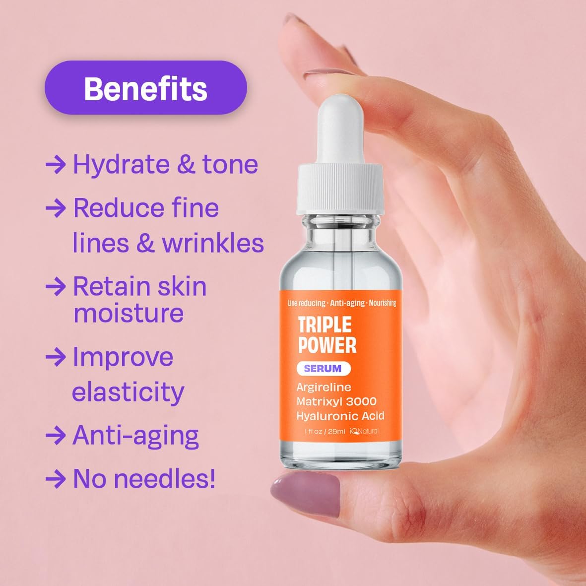 IQNATURAL Argireline Serum Hyaluronic Acid, Matrixyl 3000, Boost Collagen NO PAINFUL INJECTIONS! 1.0oz by IQ Natural