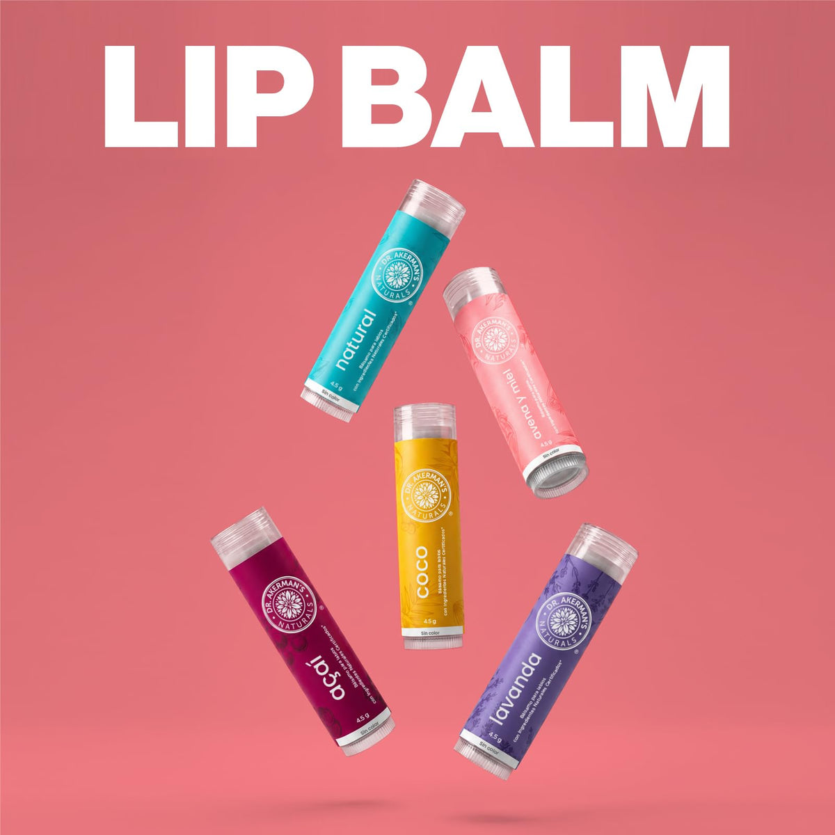DR. AKERMAN'S NATURALS, Bálsamo Labial Natural Humectante, Pack de 5 Sabores Mixtos, Protección e Hidratación Diaria, 4.5g Cada Uno (1)